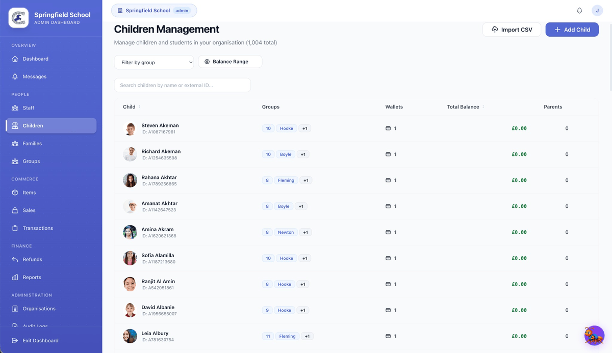 Children management – manage students, wallets, and parent links in one view