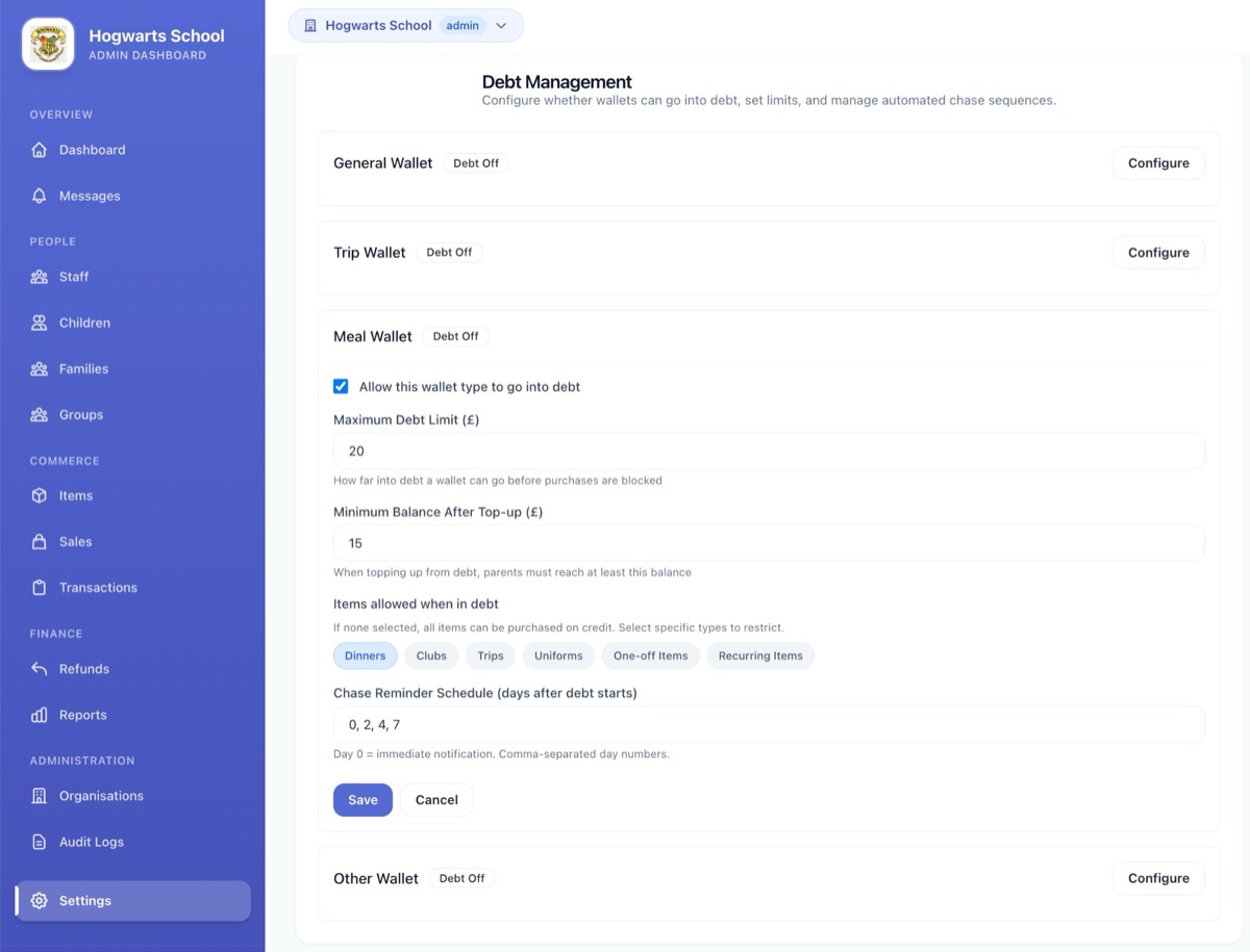 iAntz Debt Management settings — configure wallet debt limits, automated chase sequences, and credit restrictions per wallet type