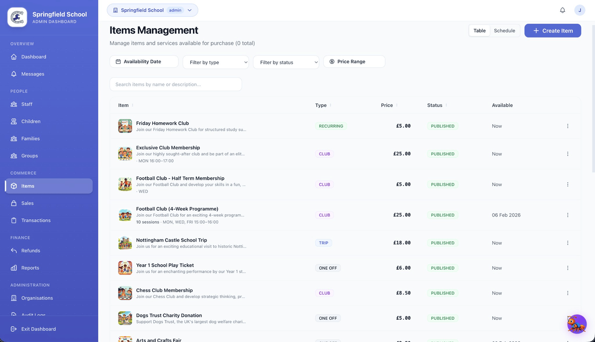 Items management – create trips, uniforms, donations and one-off items