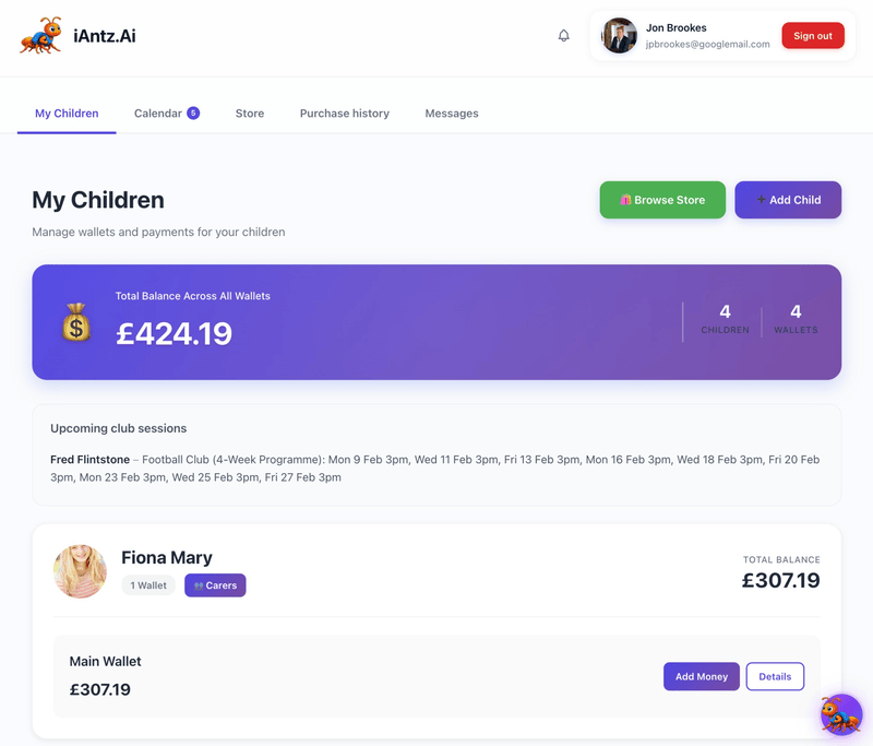 Parent dashboard showing wallet management and child accounts